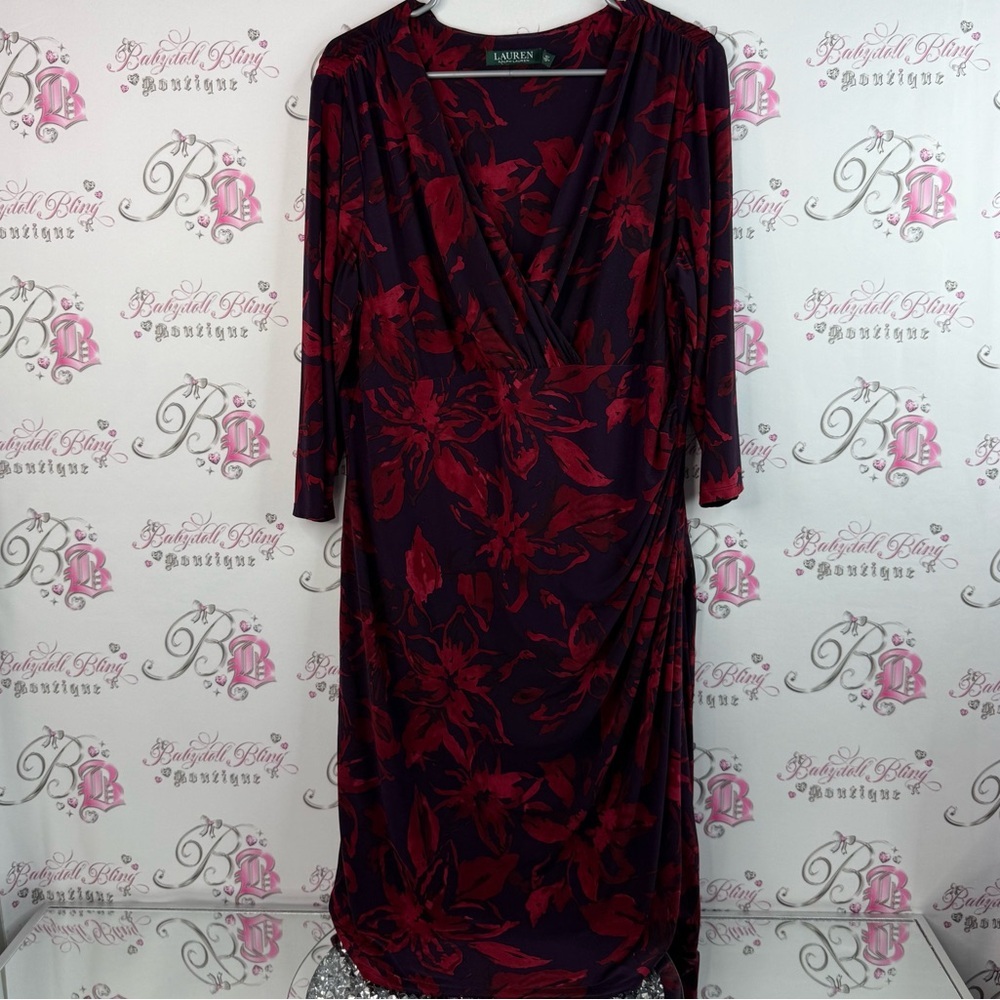 Ralph Lauren dress flowers draping flowy Burgundy Floral Long Sleeve Dress